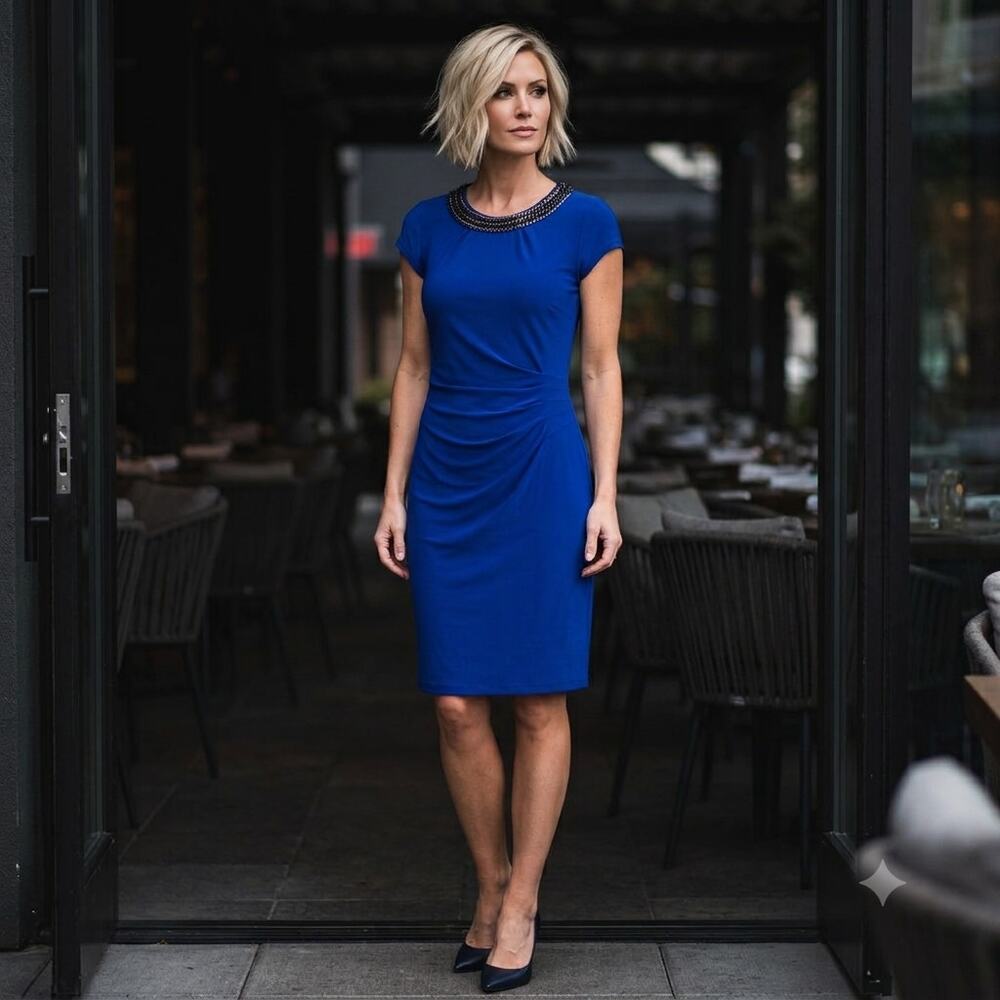 Caché Chain Neck Sheath Dress Womens M Cobalt Blue Ruched Cocktail Party NWT